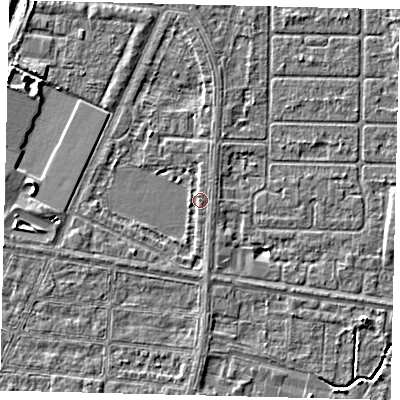 Shaded relief map of the ground around HU95UH, computed from Environment Agency LiDAR. The ground here sits at about 3 m above sea level and falls 5 m across the surrounding 800 m. Surface water reaching this point runs off ground lying to the south, 1.1 m higher.