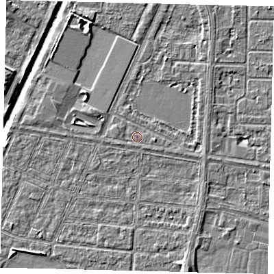 Shaded relief map of the ground around HU95UY, computed from Environment Agency LiDAR. The ground here sits at about 2 m above sea level and falls 6 m across the surrounding 800 m. Surface water reaching this point runs off ground lying to the east, 1.0 m higher.