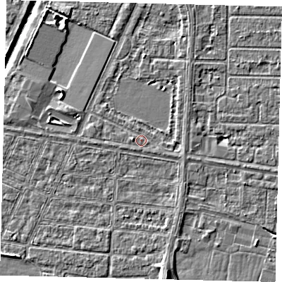 Shaded relief map of the ground around HU95UZ, computed from Environment Agency LiDAR. The ground here sits at about 2 m above sea level and falls 7 m across the surrounding 800 m. Surface water reaching this point runs off ground lying to the west, 0.9 m higher.