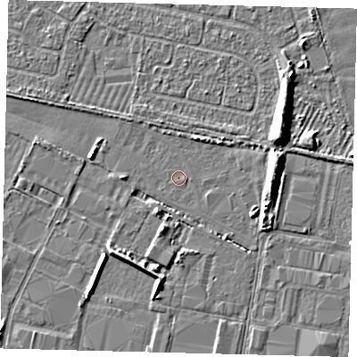 Shaded relief map of the ground around HU95WA, computed from Environment Agency LiDAR. The ground here sits at about 2 m above sea level and falls 6 m across the surrounding 800 m. The ground contributing surface water to this point lies to the east.