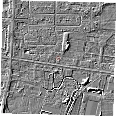 Shaded relief map of the ground around HU95WE, computed from Environment Agency LiDAR. The ground here sits at about 2 m above sea level and falls 6 m across the surrounding 800 m. Surface water reaching this point runs off ground lying to the west, 1.0 m higher.