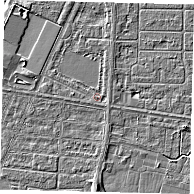 Shaded relief map of the ground around HU95XA, computed from Environment Agency LiDAR. The ground here sits at about 2 m above sea level and falls 7 m across the surrounding 800 m. Surface water reaching this point runs off ground lying to the east-south-east, 0.9 m higher.