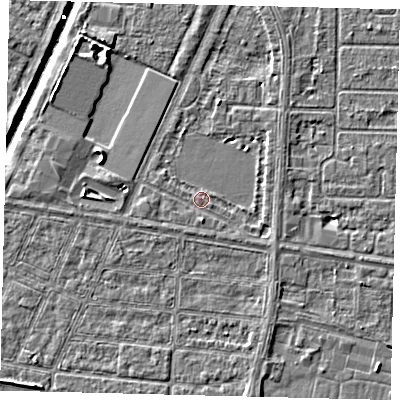 Shaded relief map of the ground around HU95XB, computed from Environment Agency LiDAR. The ground here sits at about 2 m above sea level and falls 5 m across the surrounding 800 m. Surface water reaching this point runs off ground lying to the east-south-east, 1.5 m higher.