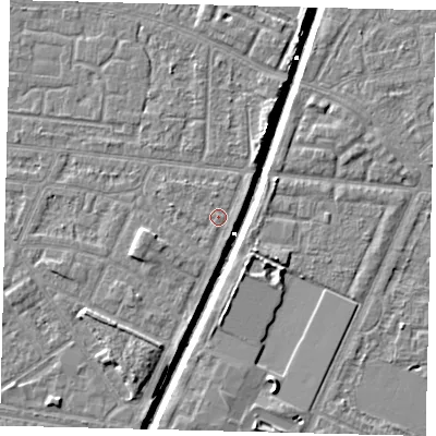 Shaded relief map of the ground around HU95XS, computed from Environment Agency LiDAR. The ground here sits at about 2 m above sea level and falls 6 m across the surrounding 800 m. Surface water reaching this point runs off ground lying to the west-south-west, 2.0 m higher.