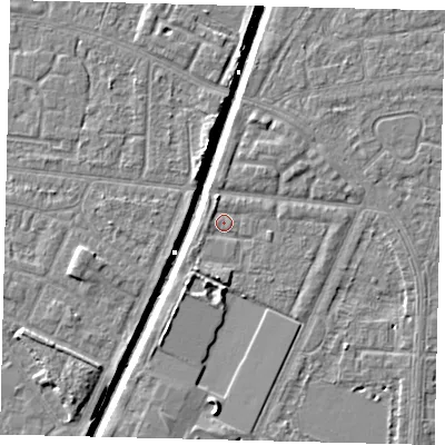 Shaded relief map of the ground around HU95XT, computed from Environment Agency LiDAR. The ground here sits at about 2 m above sea level and falls 6 m across the surrounding 800 m. Surface water reaching this point runs off ground lying to the south, 1.9 m higher.