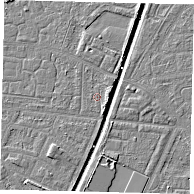 Shaded relief map of the ground around HU95XU, computed from Environment Agency LiDAR. The ground here sits at about 2 m above sea level and falls 6 m across the surrounding 800 m. Surface water reaching this point runs off ground lying to the south-south-west, 0.5 m higher.