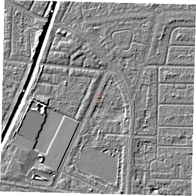Shaded relief map of the ground around HU95XZ, computed from Environment Agency LiDAR. The ground here sits at about 2 m above sea level and falls 6 m across the surrounding 800 m. Surface water reaching this point runs off ground lying to the west, 3.2 m higher.