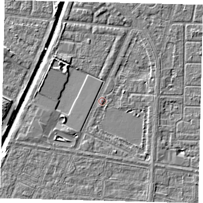 Shaded relief map of the ground around HU95YA, computed from Environment Agency LiDAR. The ground here sits at about 2 m above sea level and falls 6 m across the surrounding 800 m. Surface water reaching this point runs off ground lying to the east-north-east, 1.2 m higher.