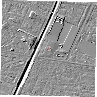 Shaded relief map of the ground around HU95YB, computed from Environment Agency LiDAR. The ground here sits at about 3 m above sea level and falls 6 m across the surrounding 800 m. The ground contributing surface water to this point lies to the east-north-east.