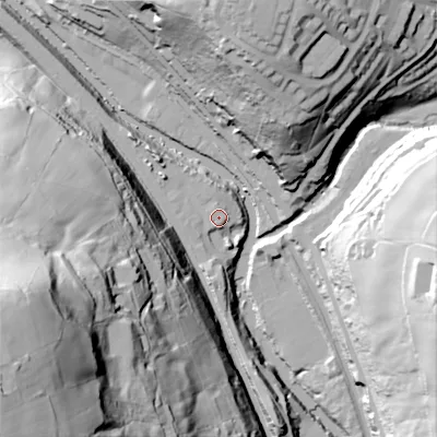 Shaded relief map of the ground around HX26AD, computed from Environment Agency LiDAR. The ground here sits at about 93 m above sea level and falls 119 m across the surrounding 800 m. Surface water reaching this point runs off ground lying to the east, 2.0 m higher.