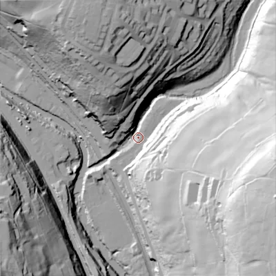 Shaded relief map of the ground around HX26DE, computed from Environment Agency LiDAR. The ground here sits at about 90 m above sea level and falls 100 m across the surrounding 800 m. Surface water reaching this point runs off ground lying to the east-south-east, 91.7 m higher.