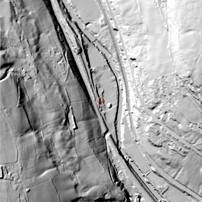 Shaded relief map of the ground around HX26EP, computed from Environment Agency LiDAR. The ground here sits at about 87 m above sea level and falls 116 m across the surrounding 800 m. Surface water reaching this point runs off ground lying to the west, 95.5 m higher.