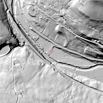Shaded relief map of the ground around HX26EQ, computed from Environment Agency LiDAR. The ground here sits at about 81 m above sea level and falls 130 m across the surrounding 800 m. Surface water reaching this point runs off ground lying to the north, 1.5 m higher.