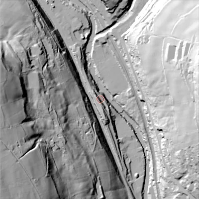 Shaded relief map of the ground around HX26ET, computed from Environment Agency LiDAR. The ground here sits at about 96 m above sea level and falls 119 m across the surrounding 800 m. Surface water reaching this point runs off ground lying to the south-south-east, 16.0 m higher.