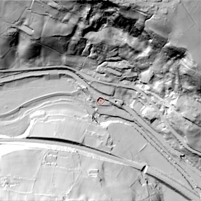 Shaded relief map of the ground around HX26HU, computed from Environment Agency LiDAR. The ground here sits at about 91 m above sea level and falls 136 m across the surrounding 800 m. Surface water reaching this point runs off ground lying to the north-north-east, 7.6 m higher.