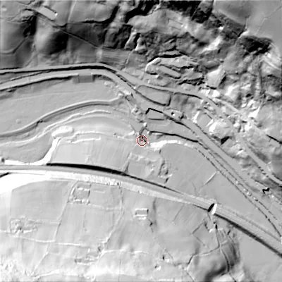 Shaded relief map of the ground around HX26HY, computed from Environment Agency LiDAR. The ground here sits at about 90 m above sea level and falls 126 m across the surrounding 800 m. Surface water reaching this point runs off ground lying to the south-west, 99.7 m higher.
