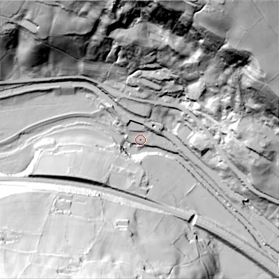 Shaded relief map of the ground around HX26JB, computed from Environment Agency LiDAR. The ground here sits at about 88 m above sea level and falls 131 m across the surrounding 800 m. Surface water reaching this point runs off ground lying to the north-east, 8.5 m higher.