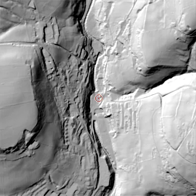 Shaded relief map of the ground around HX26PH, computed from Environment Agency LiDAR. The ground here sits at about 103 m above sea level and falls 127 m across the surrounding 800 m. Surface water reaching this point runs off ground lying to the north-east, 120.7 m higher.
