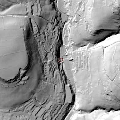 Shaded relief map of the ground around HX26PJ, computed from Environment Agency LiDAR. The ground here sits at about 105 m above sea level and falls 119 m across the surrounding 800 m. Surface water reaching this point runs off ground lying to the west-north-west, 90.2 m higher.