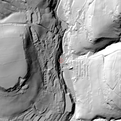 Shaded relief map of the ground around HX26PL, computed from Environment Agency LiDAR. The ground here sits at about 103 m above sea level and falls 122 m across the surrounding 800 m. Surface water reaching this point runs off ground lying to the north-east, 115.5 m higher.