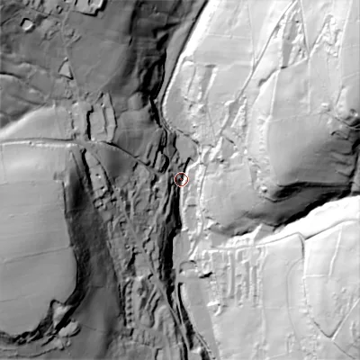 Shaded relief map of the ground around HX26PX, computed from Environment Agency LiDAR. The ground here sits at about 105 m above sea level and falls 122 m across the surrounding 800 m. Surface water reaching this point runs off ground lying to the north-east, 118.2 m higher.