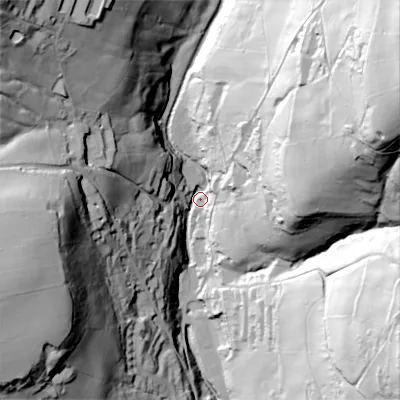Shaded relief map of the ground around HX26PY, computed from Environment Agency LiDAR. The ground here sits at about 105 m above sea level and falls 131 m across the surrounding 800 m. Surface water reaching this point runs off ground lying to the north-east, 125.6 m higher.