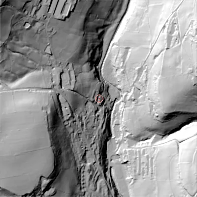 Shaded relief map of the ground around HX26PZ, computed from Environment Agency LiDAR. The ground here sits at about 122 m above sea level and falls 124 m across the surrounding 800 m. Surface water reaching this point runs off ground lying to the west-north-west, 30.2 m higher.