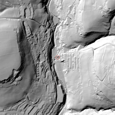 Shaded relief map of the ground around HX26RN, computed from Environment Agency LiDAR. The ground here sits at about 102 m above sea level and falls 127 m across the surrounding 800 m. Surface water reaching this point runs off ground lying to the north-east, 120.1 m higher.