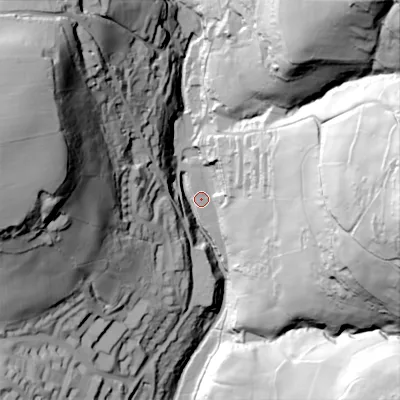 Shaded relief map of the ground around HX26RW, computed from Environment Agency LiDAR. The ground here sits at about 103 m above sea level and falls 107 m across the surrounding 800 m. Surface water reaching this point runs off ground lying to the north-east, 100.4 m higher.