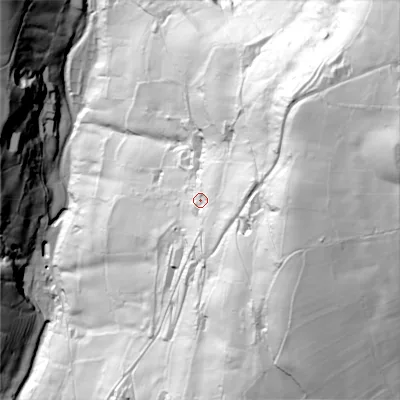 Shaded relief map of the ground around HX26SP, computed from Environment Agency LiDAR. The ground here sits at about 204 m above sea level and falls 191 m across the surrounding 800 m. Surface water reaching this point runs off ground lying to the east, 102.7 m higher.