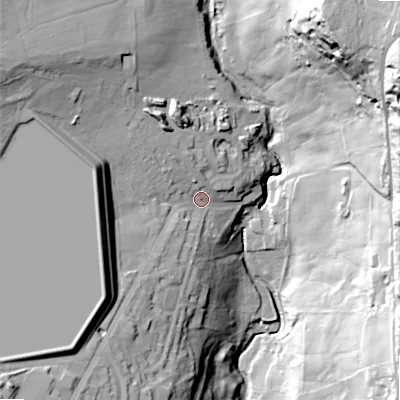 Shaded relief map of the ground around HX28SE, computed from Environment Agency LiDAR. The ground here sits at about 246 m above sea level and falls 86 m across the surrounding 800 m. Surface water reaching this point runs off ground lying to the north-west, 31.0 m higher.