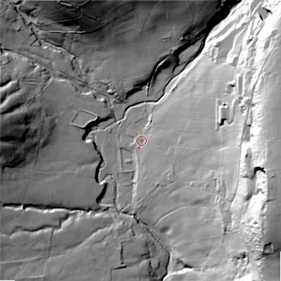 Shaded relief map of the ground around HX28XN, computed from Environment Agency LiDAR. The ground here sits at about 259 m above sea level and falls 71 m across the surrounding 800 m. Surface water reaching this point runs off ground lying to the east-south-east, 57.0 m higher.