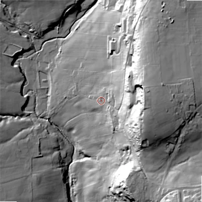 Shaded relief map of the ground around HX28XW, computed from Environment Agency LiDAR. The ground here sits at about 271 m above sea level and falls 74 m across the surrounding 800 m. Surface water reaching this point runs off ground lying to the east, 47.8 m higher.