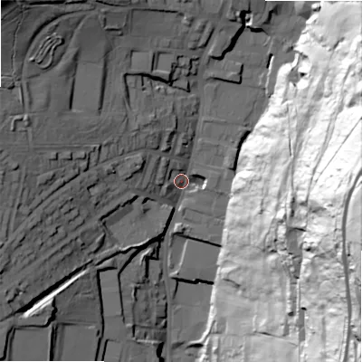 Shaded relief map of the ground around HX29AD, computed from Environment Agency LiDAR. The ground here sits at about 195 m above sea level and falls 119 m across the surrounding 800 m. Surface water reaching this point runs off ground lying to the east, 103.3 m higher.