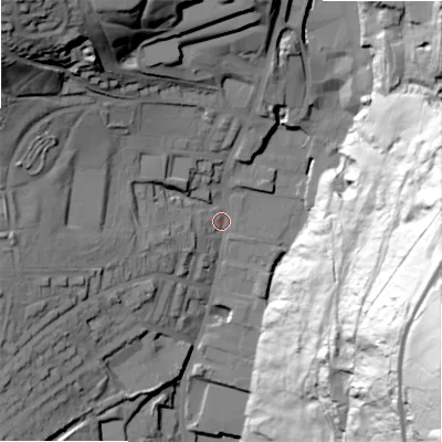 Shaded relief map of the ground around HX29AG, computed from Environment Agency LiDAR. The ground here sits at about 195 m above sea level and falls 132 m across the surrounding 800 m. Surface water reaching this point runs off ground lying to the north-west, 54.8 m higher.