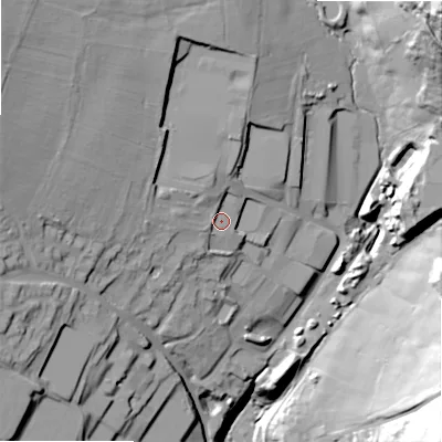 Shaded relief map of the ground around HX29TN, computed from Environment Agency LiDAR. The ground here sits at about 239 m above sea level and falls 80 m across the surrounding 800 m. Surface water reaching this point runs off ground lying to the west-north-west, 23.5 m higher.