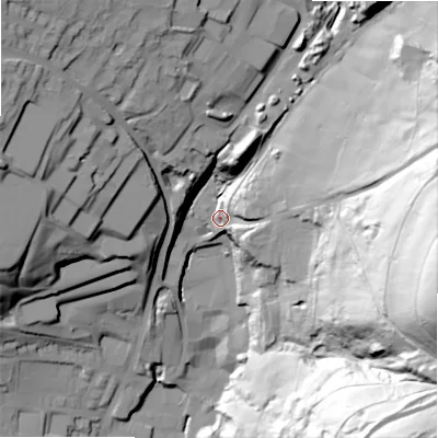 Shaded relief map of the ground around HX29TU, computed from Environment Agency LiDAR. The ground here sits at about 213 m above sea level and falls 121 m across the surrounding 800 m. Surface water reaching this point runs off ground lying to the east, 99.4 m higher.