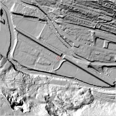 Shaded relief map of the ground around HX30DQ, computed from Environment Agency LiDAR. The ground here sits at about 70 m above sea level and falls 119 m across the surrounding 800 m. Surface water reaching this point runs off ground lying to the north-west, 8.9 m higher.