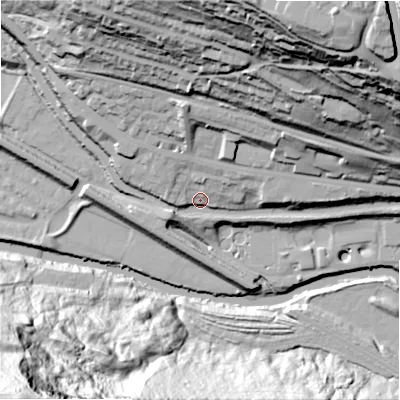 Shaded relief map of the ground around HX30RD, computed from Environment Agency LiDAR. The ground here sits at about 78 m above sea level and falls 105 m across the surrounding 800 m. Surface water reaching this point runs off ground lying to the north-east, 79.7 m higher.