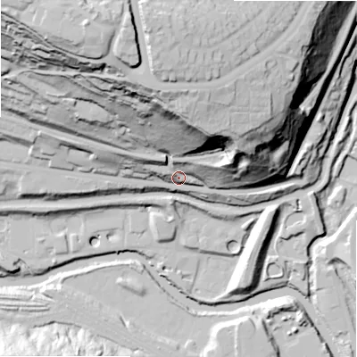 Shaded relief map of the ground around HX30TL, computed from Environment Agency LiDAR. The ground here sits at about 88 m above sea level and falls 92 m across the surrounding 800 m. Surface water reaching this point runs off ground lying to the north, 61.7 m higher.