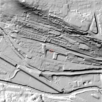 Shaded relief map of the ground around HX30TP, computed from Environment Agency LiDAR. The ground here sits at about 91 m above sea level and falls 101 m across the surrounding 800 m. Surface water reaching this point runs off ground lying to the north-east, 23.3 m higher.