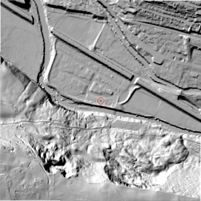 Shaded relief map of the ground around HX30TT, computed from Environment Agency LiDAR. The ground here sits at about 70 m above sea level and falls 127 m across the surrounding 800 m. Surface water reaching this point runs off ground lying to the west-south-west, 3.1 m higher.