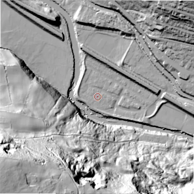 Shaded relief map of the ground around HX30UE, computed from Environment Agency LiDAR. The ground here sits at about 71 m above sea level and falls 133 m across the surrounding 800 m. Surface water reaching this point runs off ground lying to the south-east, 3.2 m higher.