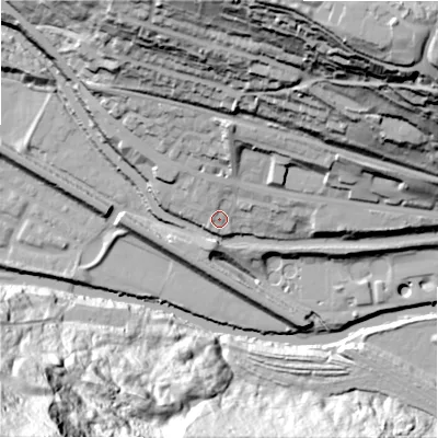 Shaded relief map of the ground around HX30UF, computed from Environment Agency LiDAR. The ground here sits at about 81 m above sea level and falls 102 m across the surrounding 800 m. Surface water reaching this point runs off ground lying to the north, 17.0 m higher.