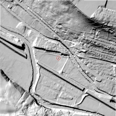 Shaded relief map of the ground around HX30UG, computed from Environment Agency LiDAR. The ground here sits at about 70 m above sea level and falls 100 m across the surrounding 800 m. Surface water reaching this point runs off ground lying to the north-east, 9.3 m higher.