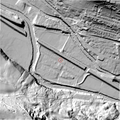 Shaded relief map of the ground around HX30UJ, computed from Environment Agency LiDAR. The ground here sits at about 70 m above sea level and falls 126 m across the surrounding 800 m. Surface water reaching this point runs off ground lying to the north-west, 8.9 m higher.