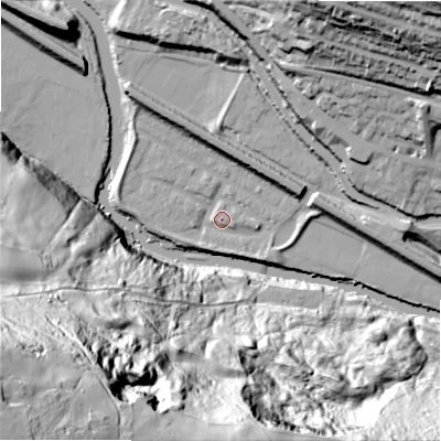Shaded relief map of the ground around HX30UL, computed from Environment Agency LiDAR. The ground here sits at about 71 m above sea level and falls 128 m across the surrounding 800 m. Surface water reaching this point runs off ground lying to the south-south-west, 3.2 m higher.