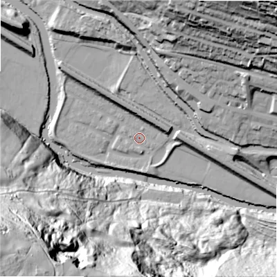 Shaded relief map of the ground around HX30UQ, computed from Environment Agency LiDAR. The ground here sits at about 70 m above sea level and falls 124 m across the surrounding 800 m. Surface water reaching this point runs off ground lying to the south-west, 3.2 m higher.