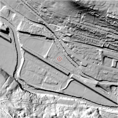 Shaded relief map of the ground around HX30US, computed from Environment Agency LiDAR. The ground here sits at about 72 m above sea level and falls 108 m across the surrounding 800 m. Surface water reaching this point runs off ground lying to the north, 1.3 m higher.