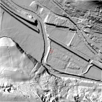 Shaded relief map of the ground around HX30UX, computed from Environment Agency LiDAR. The ground here sits at about 71 m above sea level and falls 134 m across the surrounding 800 m. Surface water reaching this point runs off ground lying to the north-north-west, 3.6 m higher.